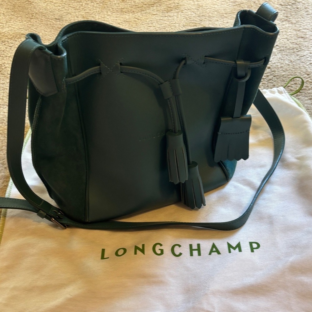 Longchamp Roseau Essential Green Leather Bucket Bag Quiet Luxury French girl - Picture 8 of 12